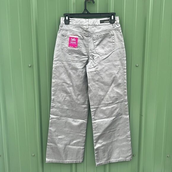 Girls Wide Leg Silver Denim Pleather Pants Size 12 - Picture 3 of 7